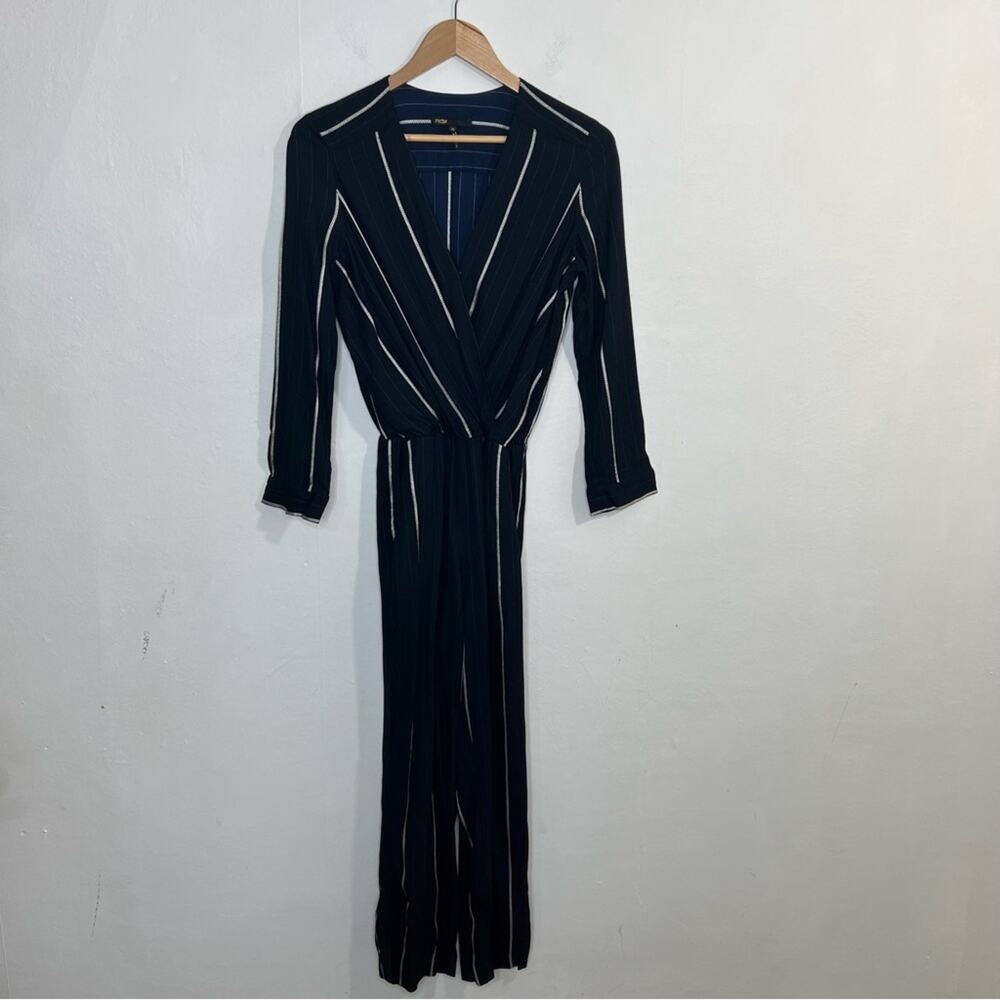 MAJE PANTI Jumpsuit Navy w Silver Metallic Pinstripes Long Sleeve Size 4 - Picture 4 of 16
